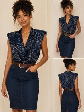 RACHEL Rachel Roy Navy & White Twist-Waist Sleeveless Blouse
